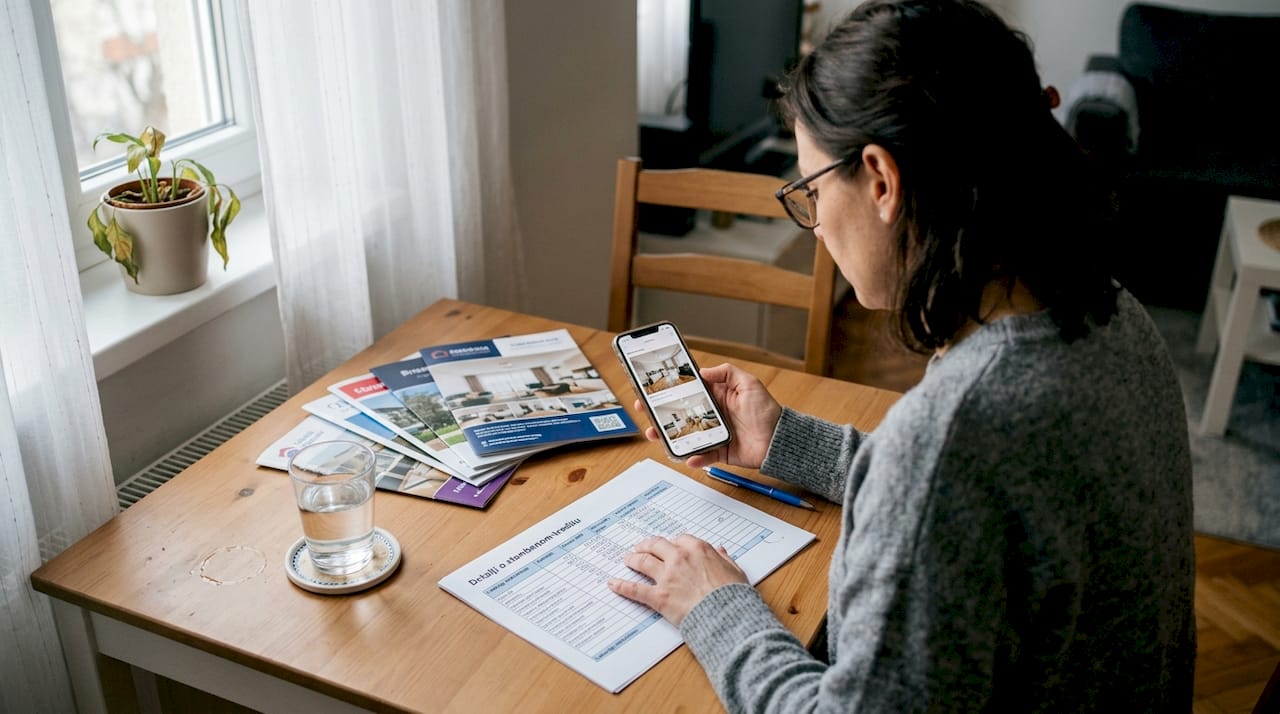 Žena detaljno proučava dokumentaciju za stambeni kredit i informativne brošure, razmatra sve uvjete prije donošenja odluke.