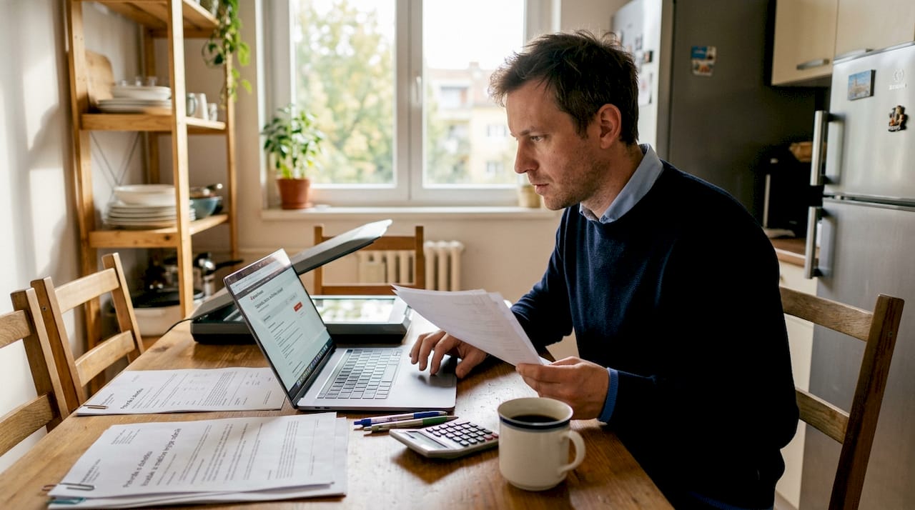 Muškarac pažljivo proučava dokumente potrebne za podizanje kredita.