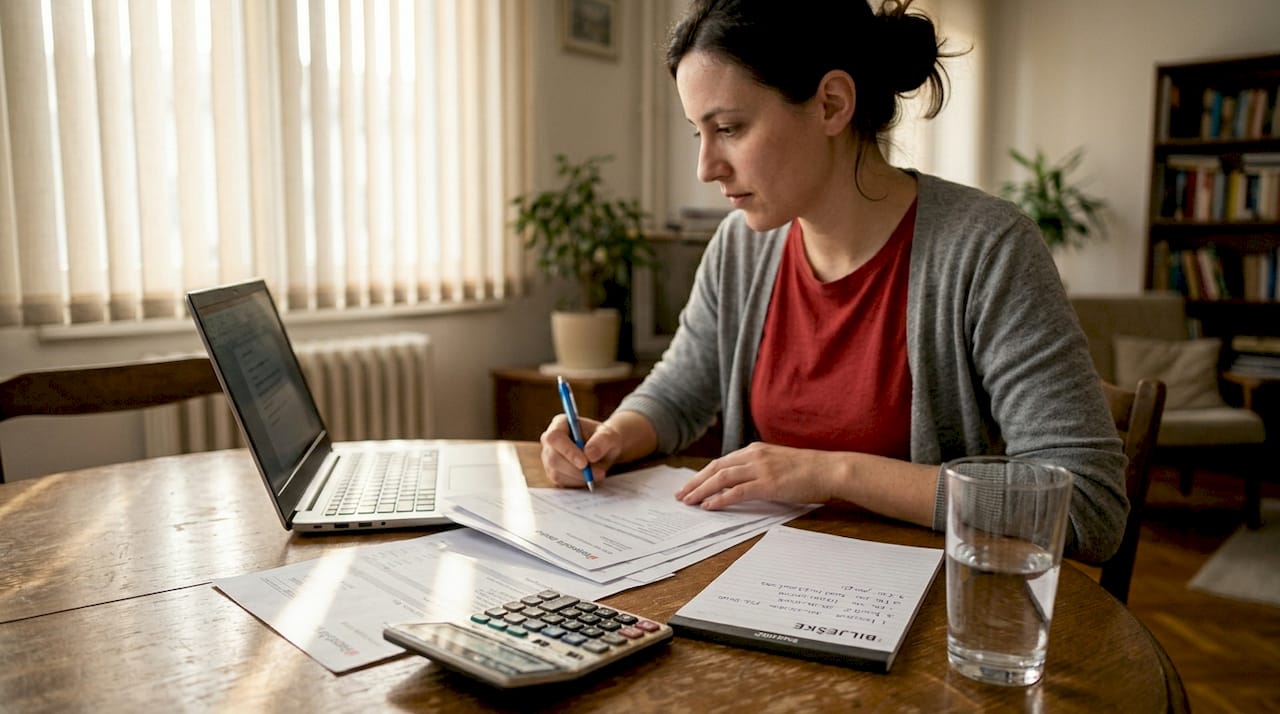 Žena sjedi za kuhinjskim stolom i pregledava bankovne papire.