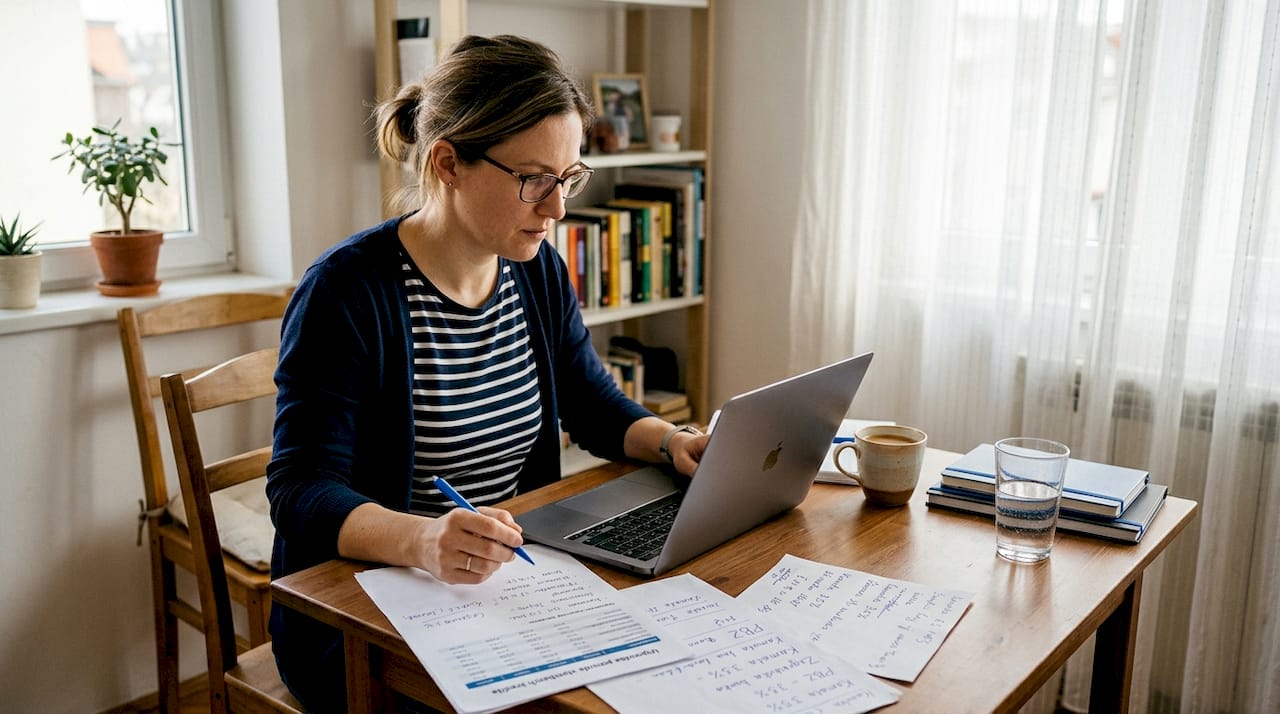 Žena sjedi za kuhinjskim stolom i pregledava različite ponude kredita, pokušavajući pronaći onu koja joj najviše odgovara.