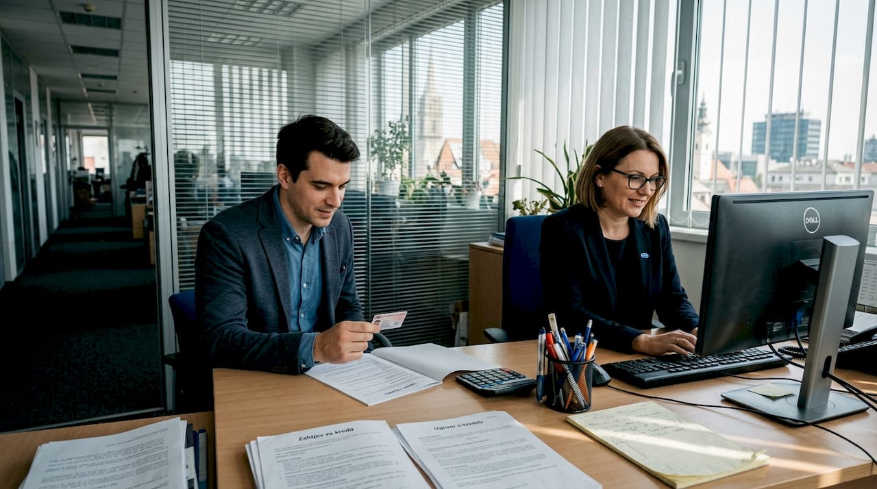 Klijent i bankarski savjetnik zajedno pregledavaju potrebnu dokumentaciju.