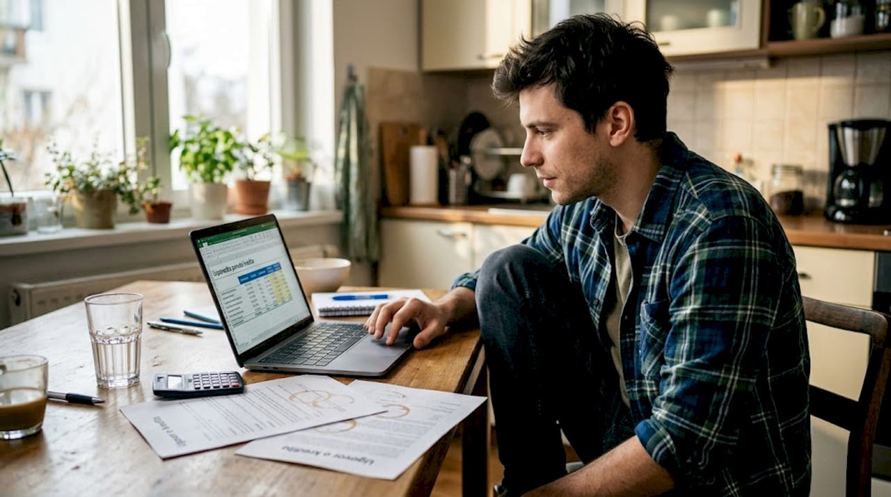 Muškarac sjedi za kuhinjskim stolom i uspoređuje različite ponude za kredit, pokušavajući pronaći onu koja mu najviše odgovara.