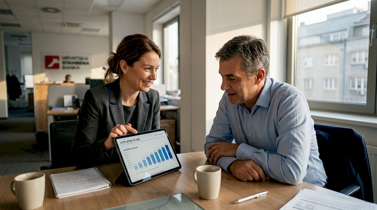 Bankarski savjetnik detaljno objašnjava klijentu koje su mu mogućnosti za kredit i pomaže mu pronaći najbolje rješenje prema njegovim potrebama.