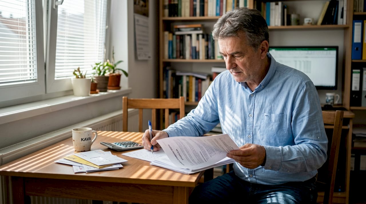 Muškarac kod kuće pažljivo proučava dokumente vezane uz kredit.