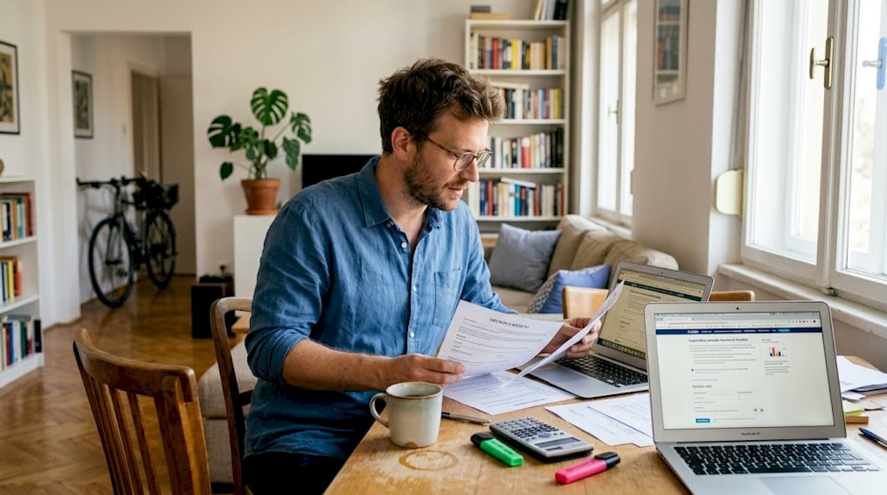 Muškarac sjedi u dnevnom boravku i detaljno proučava dokumente za kredit.
