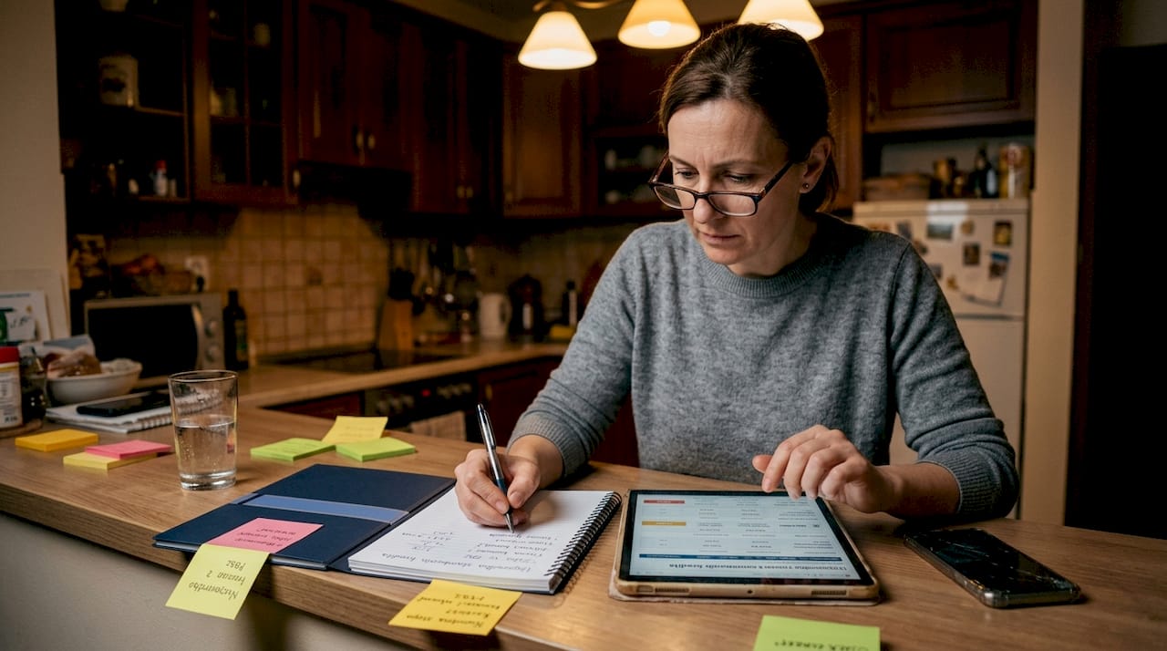 Žena za kuhinjskim stolom proučava ponude banaka i uspoređuje uvjete.