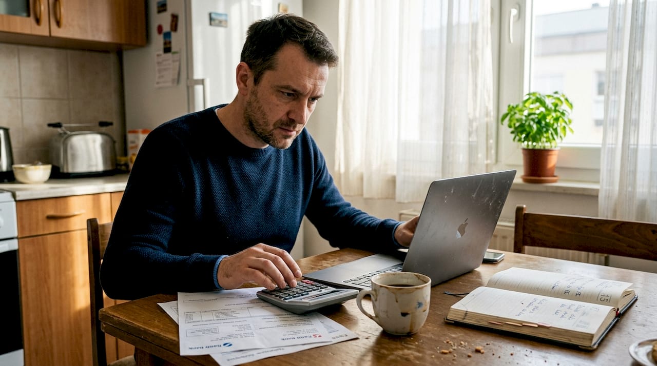 Muškarac sjedi za kuhinjskim stolom i računa koliko će mu mjesečna rata kredita iznositi.