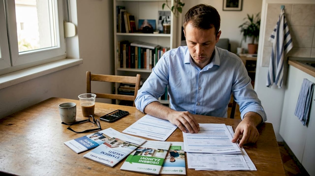 Muškarac sjedi za stolom u blagovaonici i proučava ponude za kredit, uspoređujući detalje različitih ugovora.