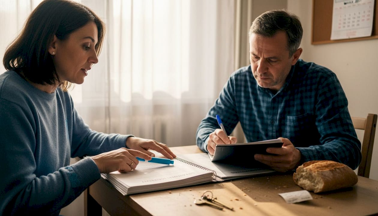 Supružnici zajedno proučavaju dokumentaciju za stambeni kredit