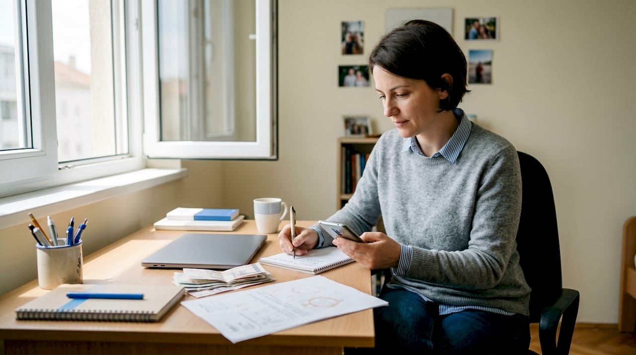 Žena sjedi u svom kućnom uredu i pažljivo pregledava i računa svoje financije.