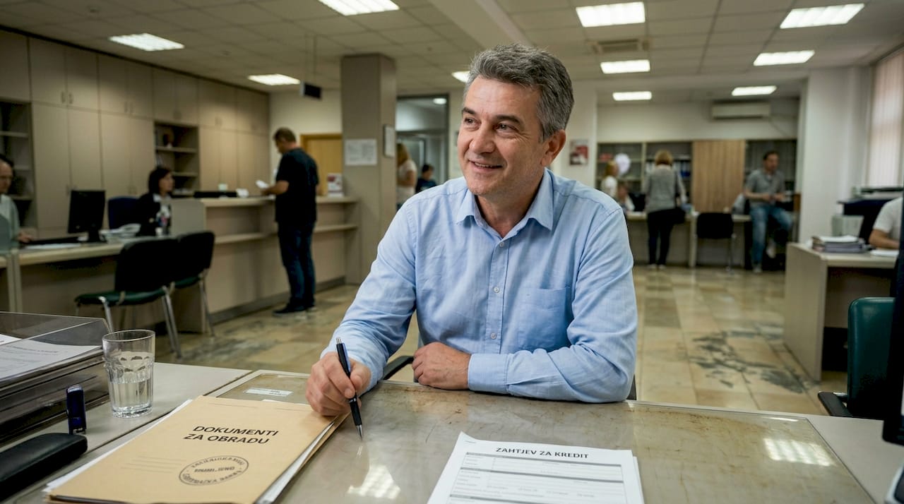 Muškarac sjedi u poslovnici banke i nestrpljivo čeka hoće li mu odobriti kredit.