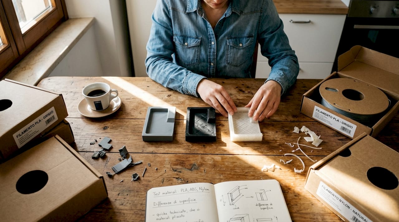 Prove comparative di diversi materiali 3D direttamente sul banco di lavoro