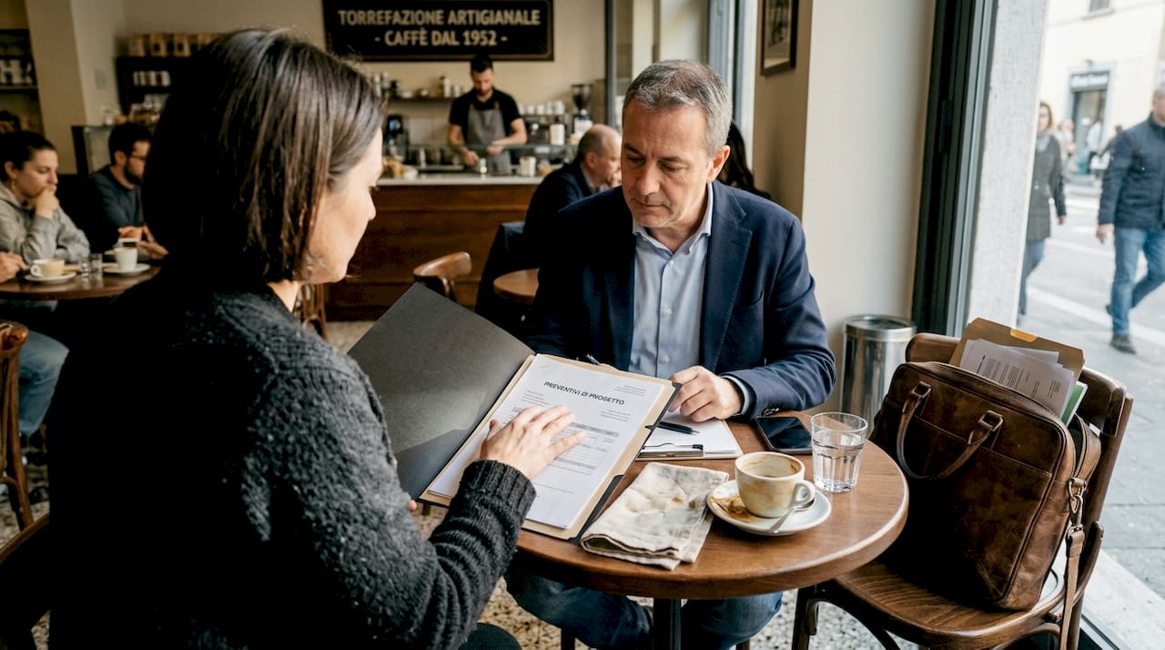 Manager in carriera che illustra una cartella di progetto durante una riunione informale al bar.