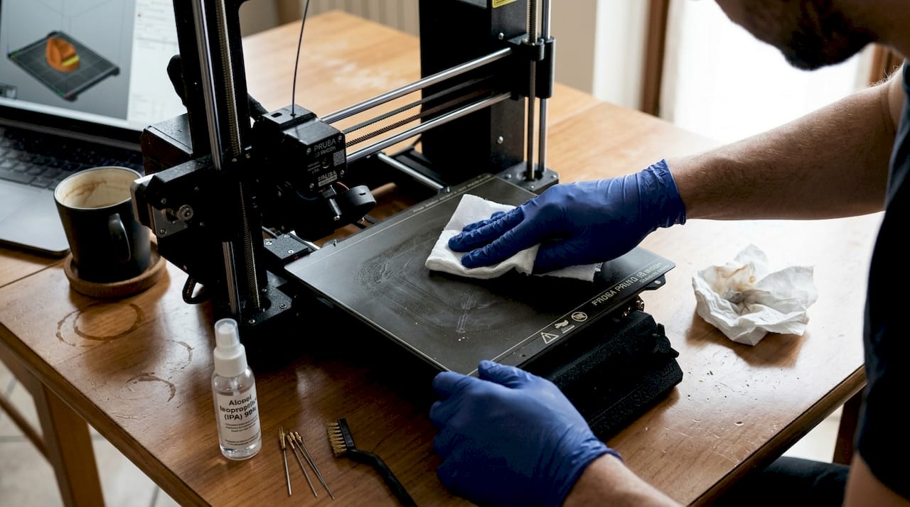 Pulizia del piano di stampa della stampante 3D con alcool isopropilico