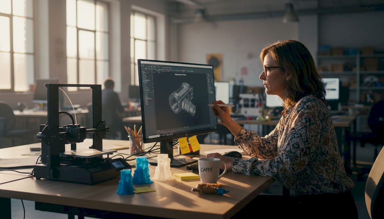 Un designer al lavoro in studio, mentre perfeziona un prototipo 3D sul computer.
