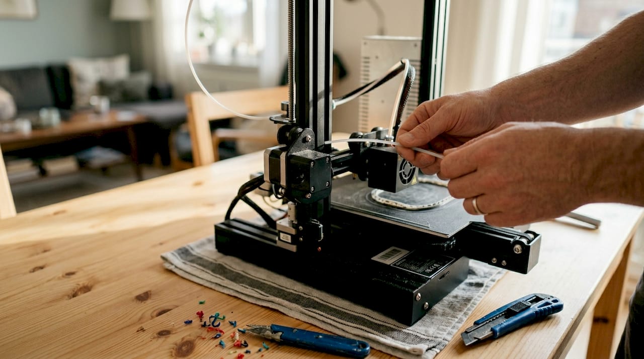 Mani che inseriscono il filamento TPU nella stampante 3D