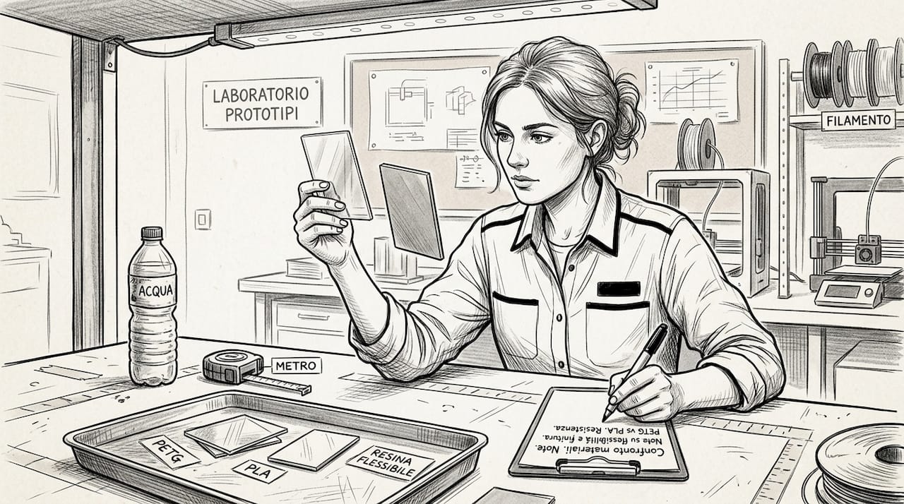 Un ingegnere valuta diversi campioni di materiali per scegliere quello più adatto alla realizzazione di un prototipo.