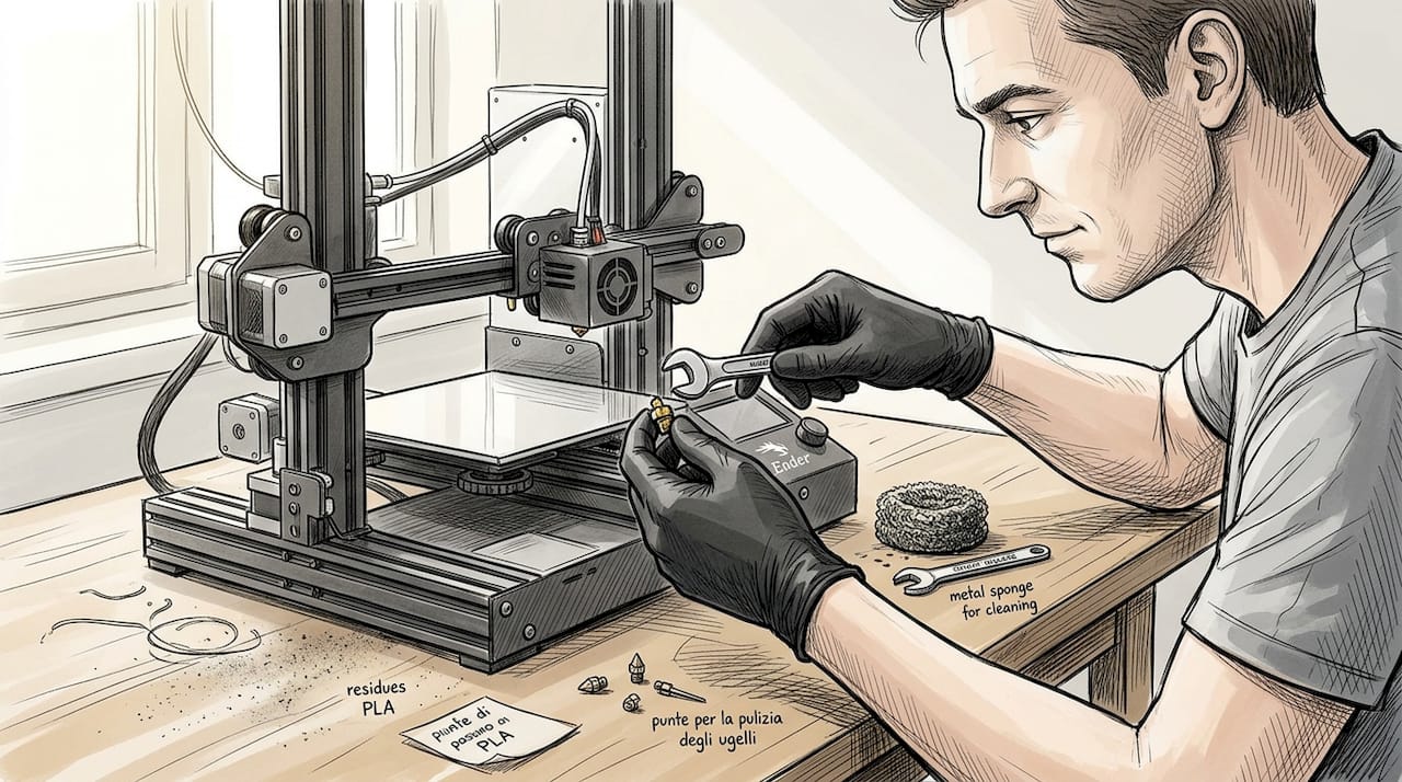 Mani che puliscono l’ugello di una stampante 3D