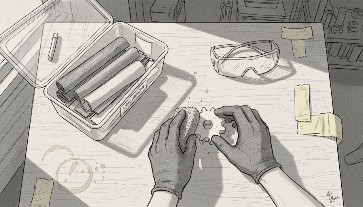 Mani che carteggiano un piccolo ingranaggio realizzato con la stampa 3D