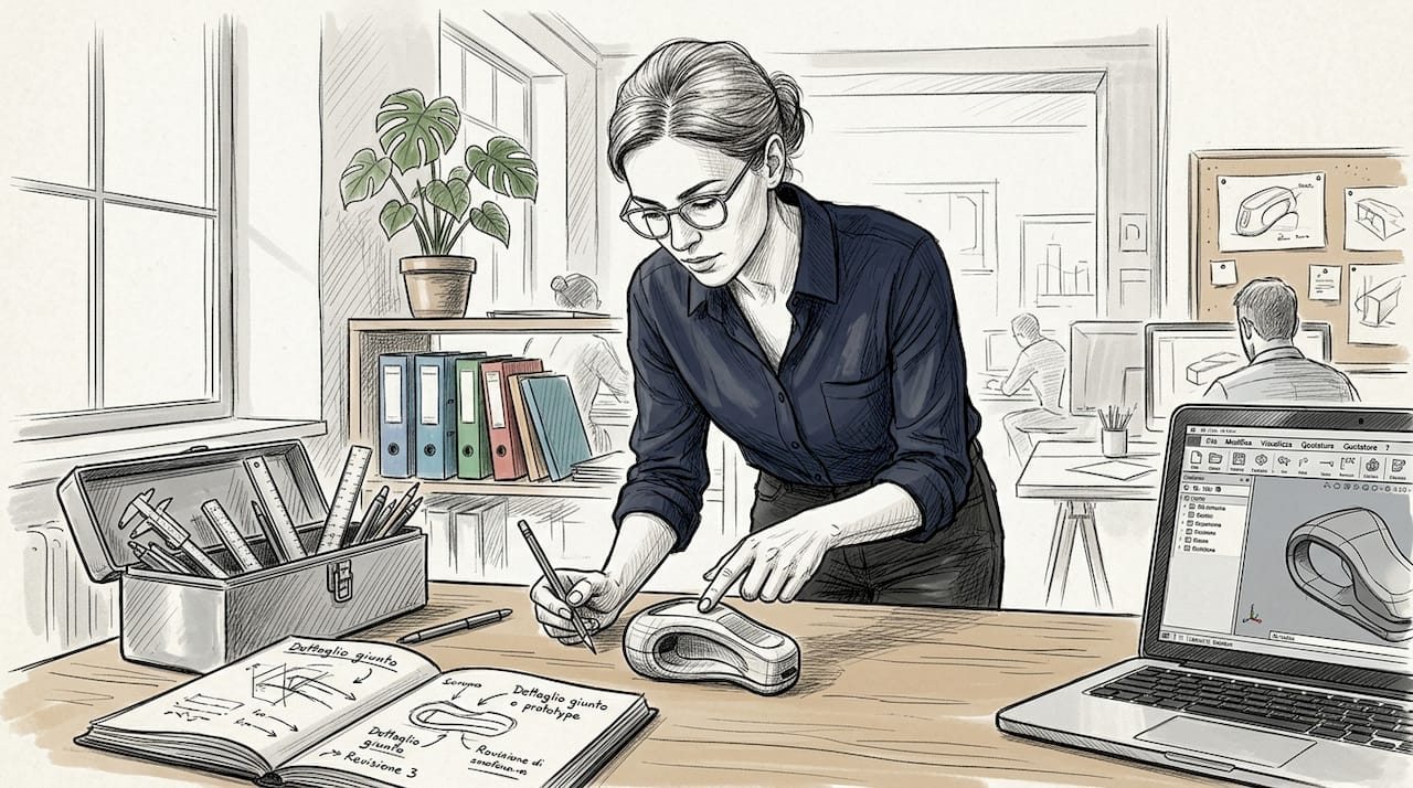 Il designer analizza il modello 3D nel suo laboratorio.