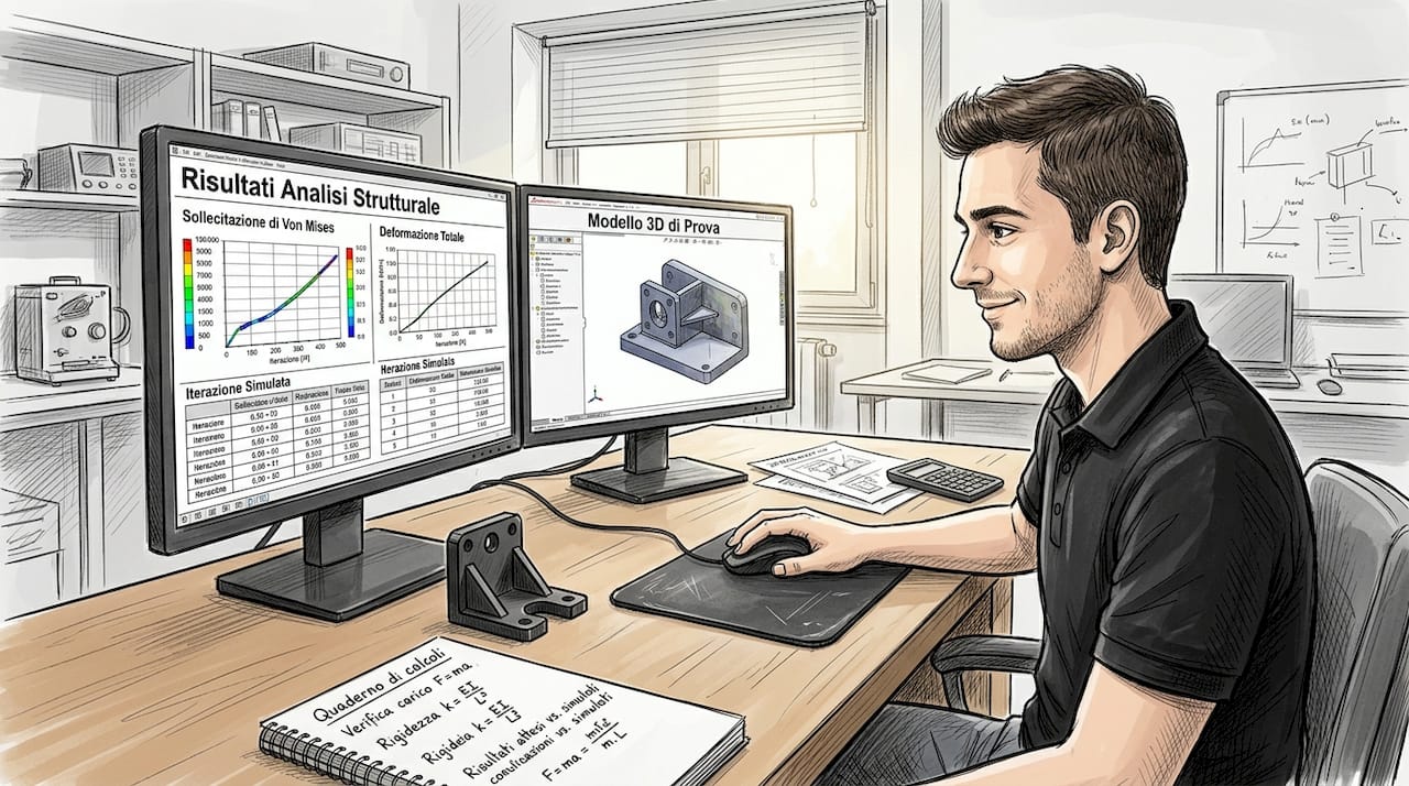 Tecnico impegnato nella verifica di una simulazione 3D in laboratorio