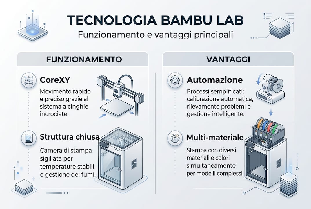 Scopri come funziona Bambu Lab e quali sono i suoi principali vantaggi grazie a questa infografica chiara e dettagliata.