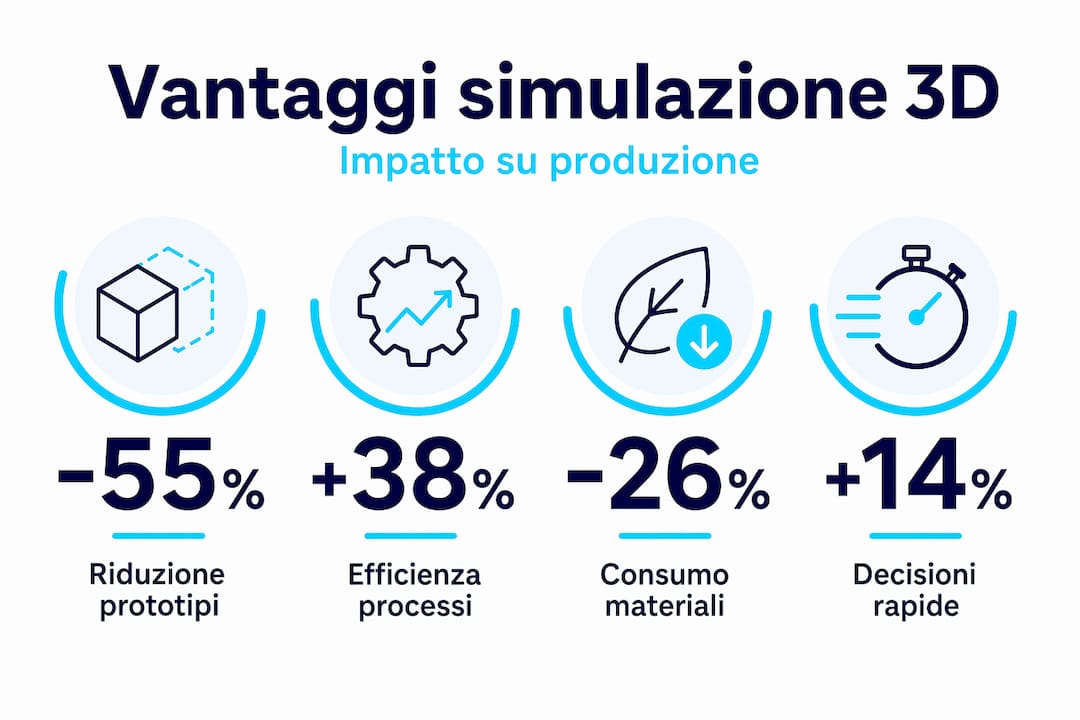 Infografica che illustra i principali vantaggi della simulazione 3D
