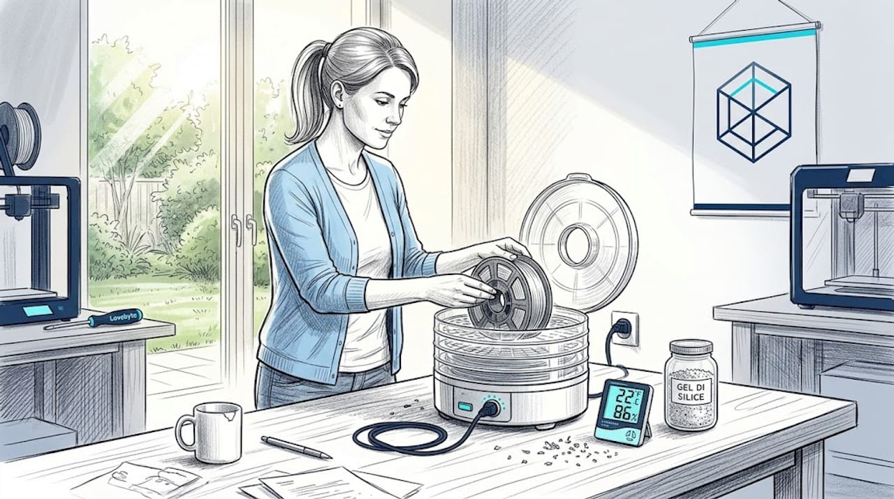 Una donna sta preparando il filamento per la stampante 3D in cucina, asciugandolo accuratamente prima di utilizzarlo.