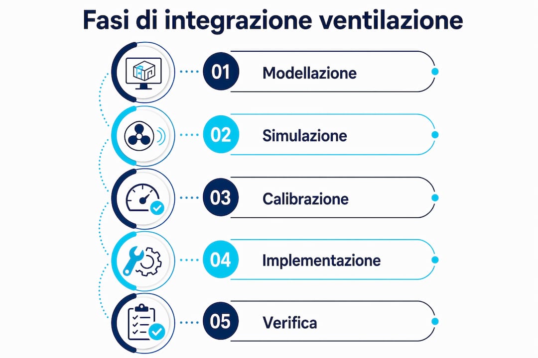 Infografica che illustra le fasi di integrazione della ventilazione nei progetti tridimensionali