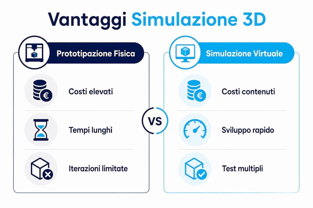 Confronto tra i vantaggi della simulazione 3D e della prototipazione fisica: infografica