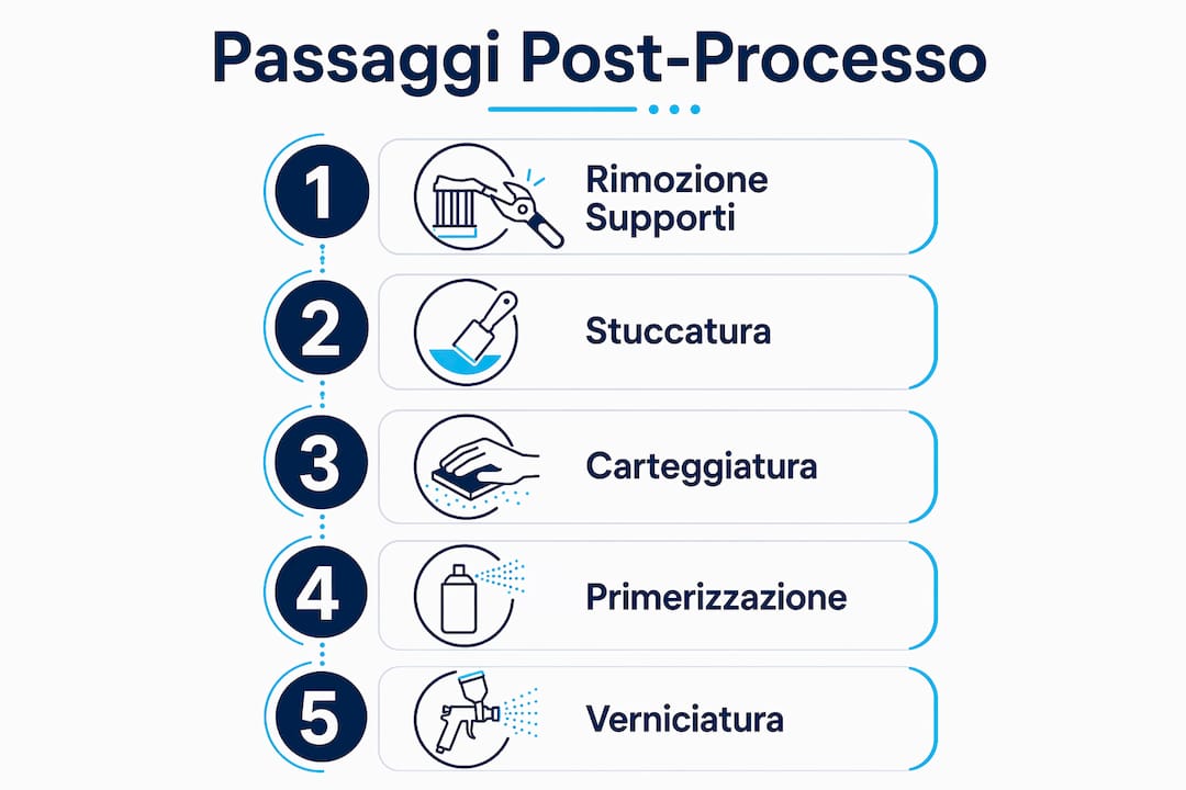 Infografica che illustra le fasi del post-processing nella stampa 3D