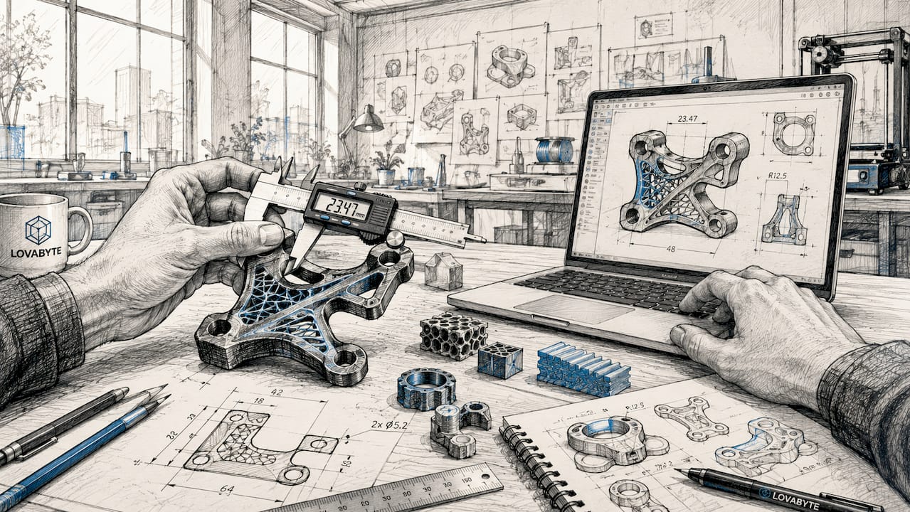 Primo piano sulle mani mentre verificano le dimensioni di un prototipo 3D con un calibro digitale.