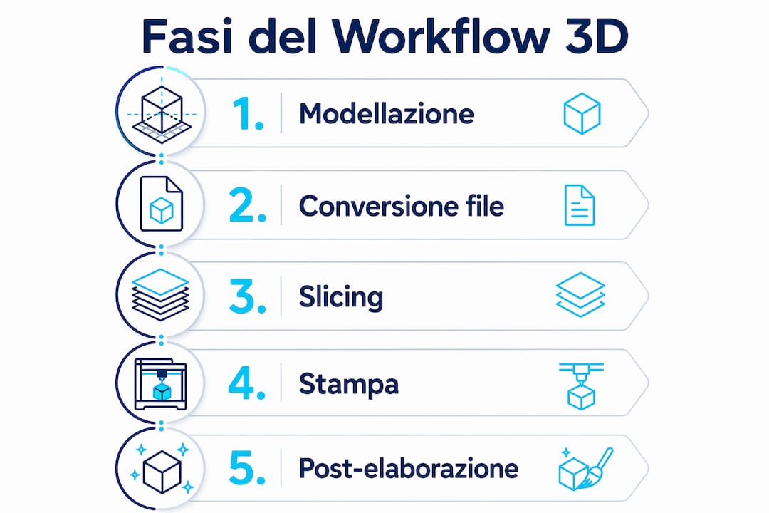 Infografica che illustra le tappe fondamentali del processo di sviluppo 3D