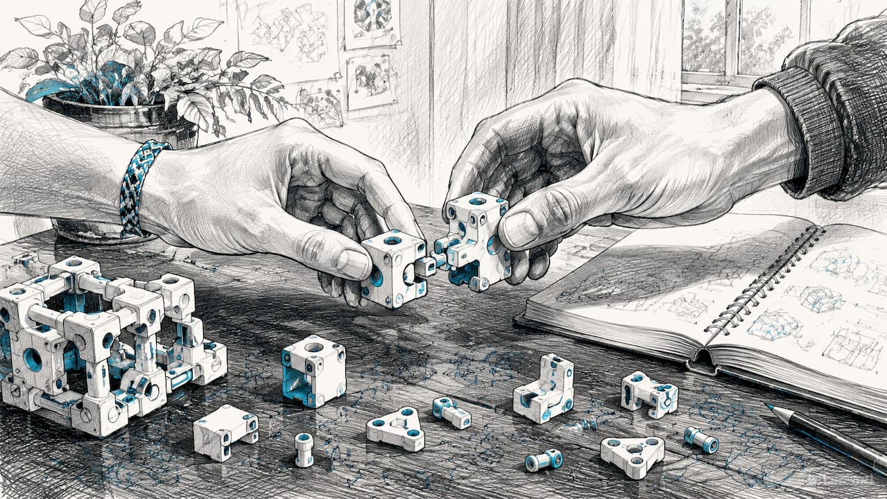 Dettaglio delle mani al lavoro mentre assemblano i moduli di un prototipo