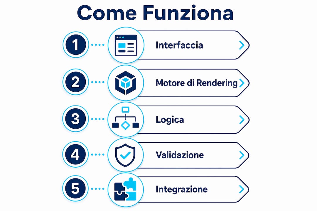 Infografica che illustra, passo dopo passo, come funziona un configuratore 3D