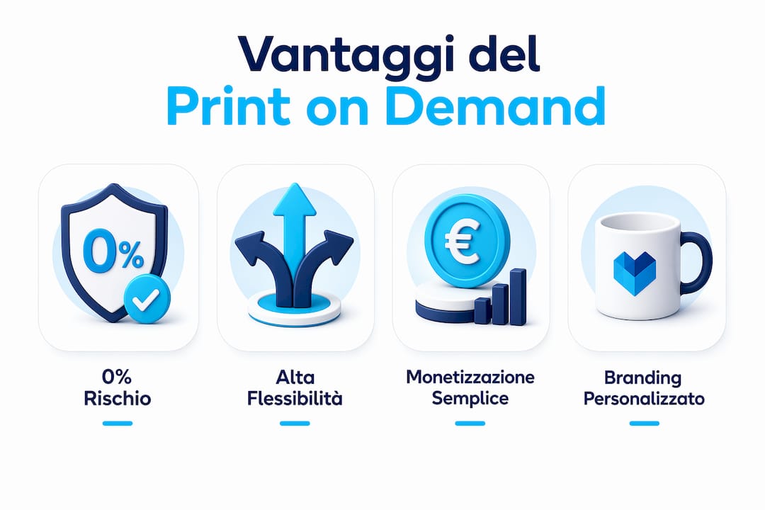 Infografica che mette in evidenza i principali vantaggi del print on demand