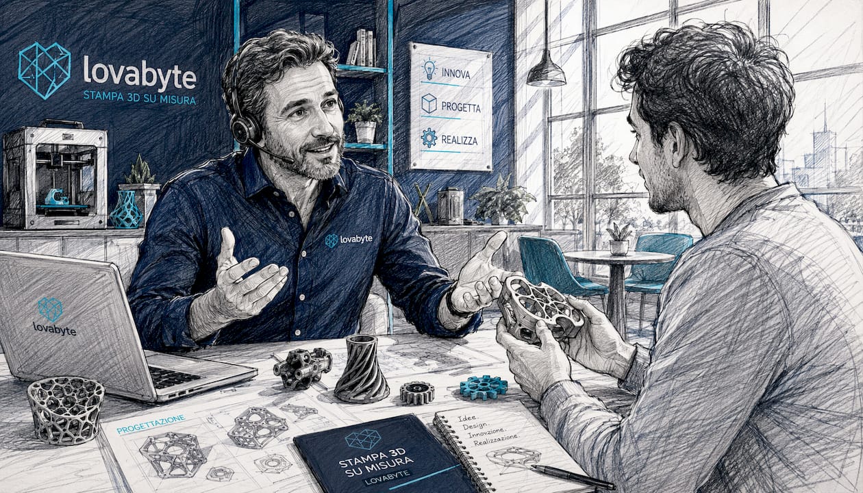 L’agente e il cliente stanno valutando insieme alcuni prototipi 3D, confrontando idee e soluzioni per arrivare al risultato migliore.