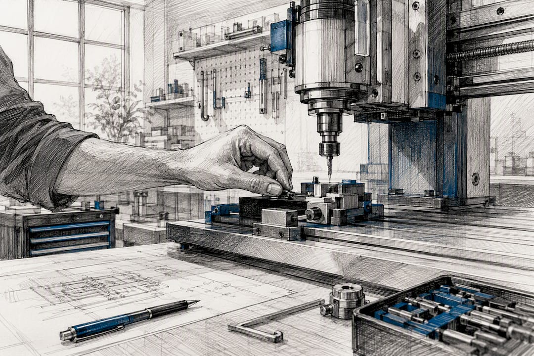 Mani che regolano le impostazioni di una macchina CNC