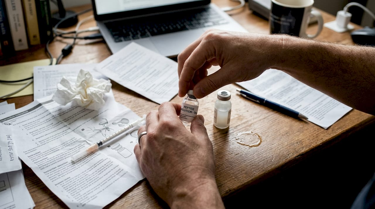 Hands gently swirling peptide vial on desk