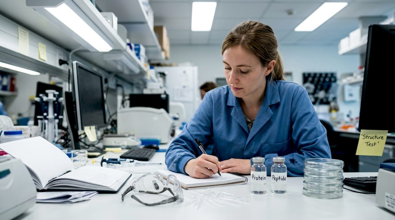 Lab technician comparing protein and peptide