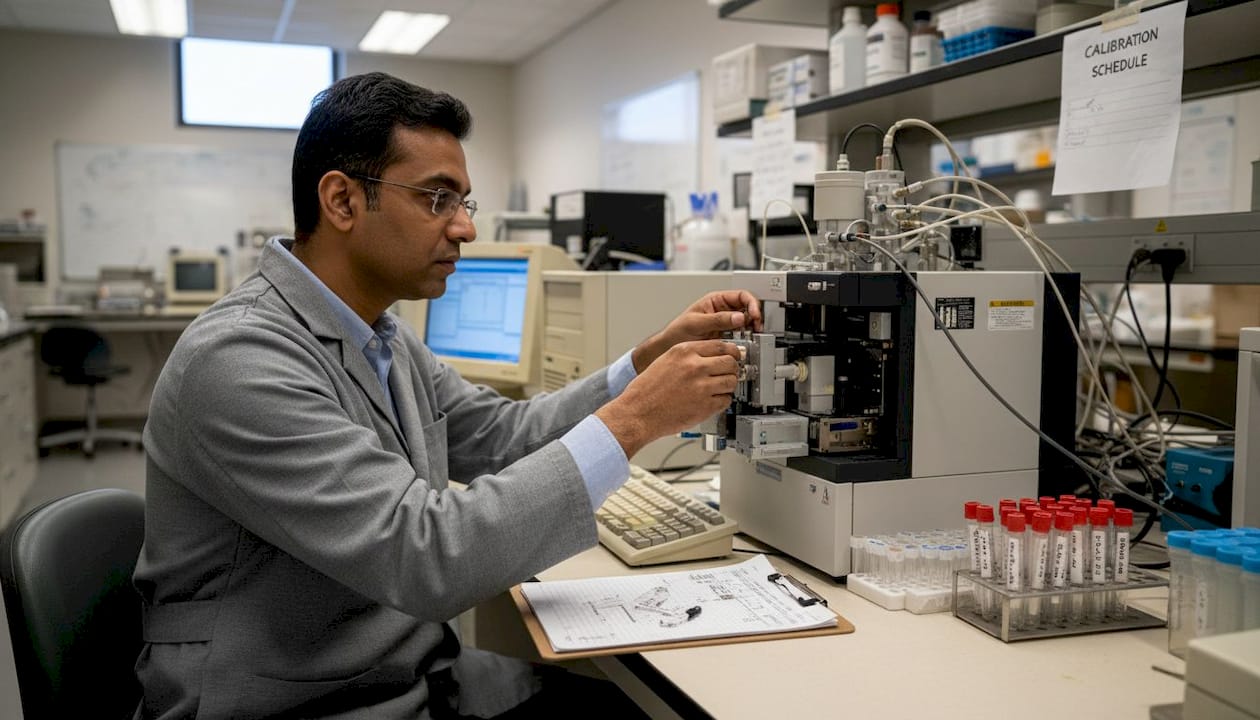 Technician calibrating LC-MS for peptide quality
