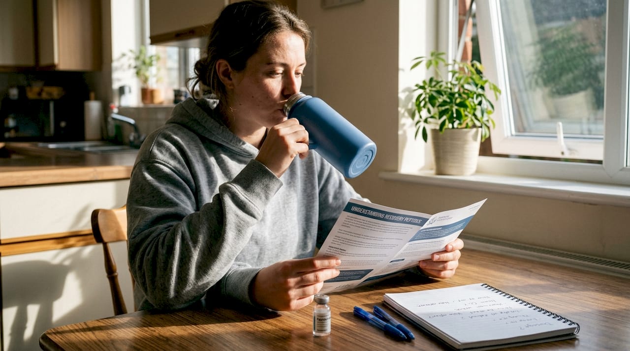Woman examining peptide vial at kitchen table