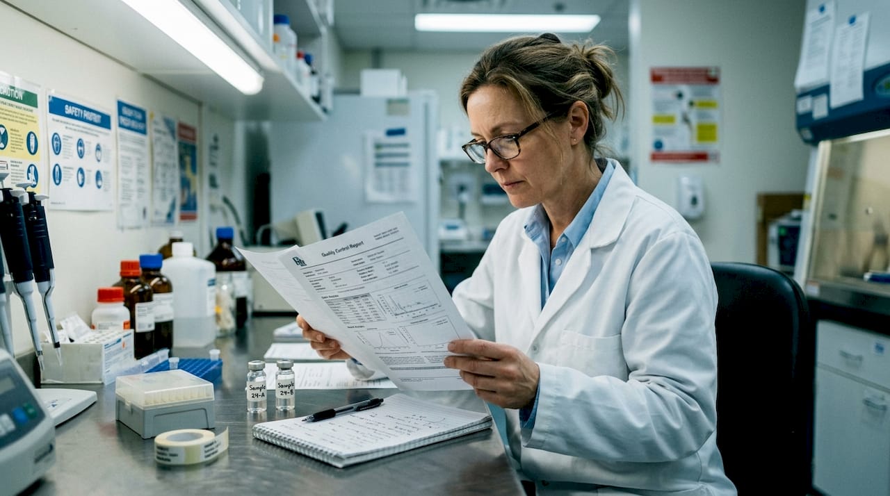 Lab technician reviewing peptide quality report