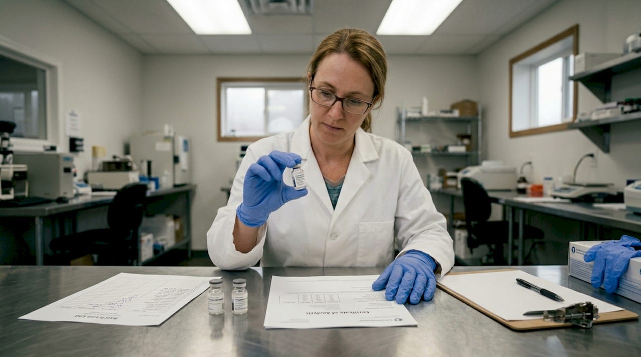 Lab technician checking peptide vial quality