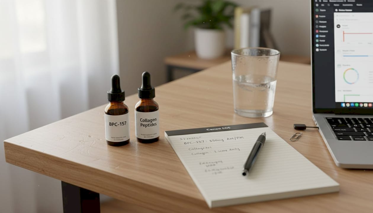 Peptide supplement vials with dosing notes on table