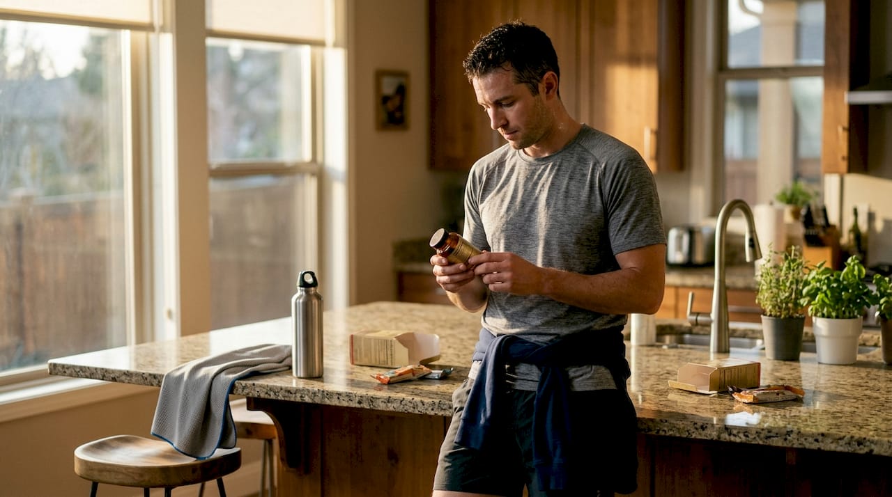 Athlete reading supplement bottle at kitchen counter