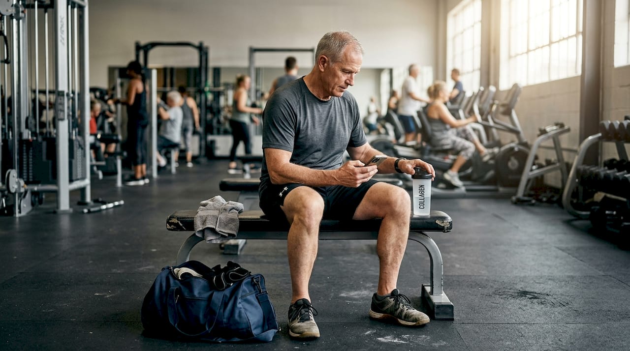 Older athlete taking collagen supplement at gym