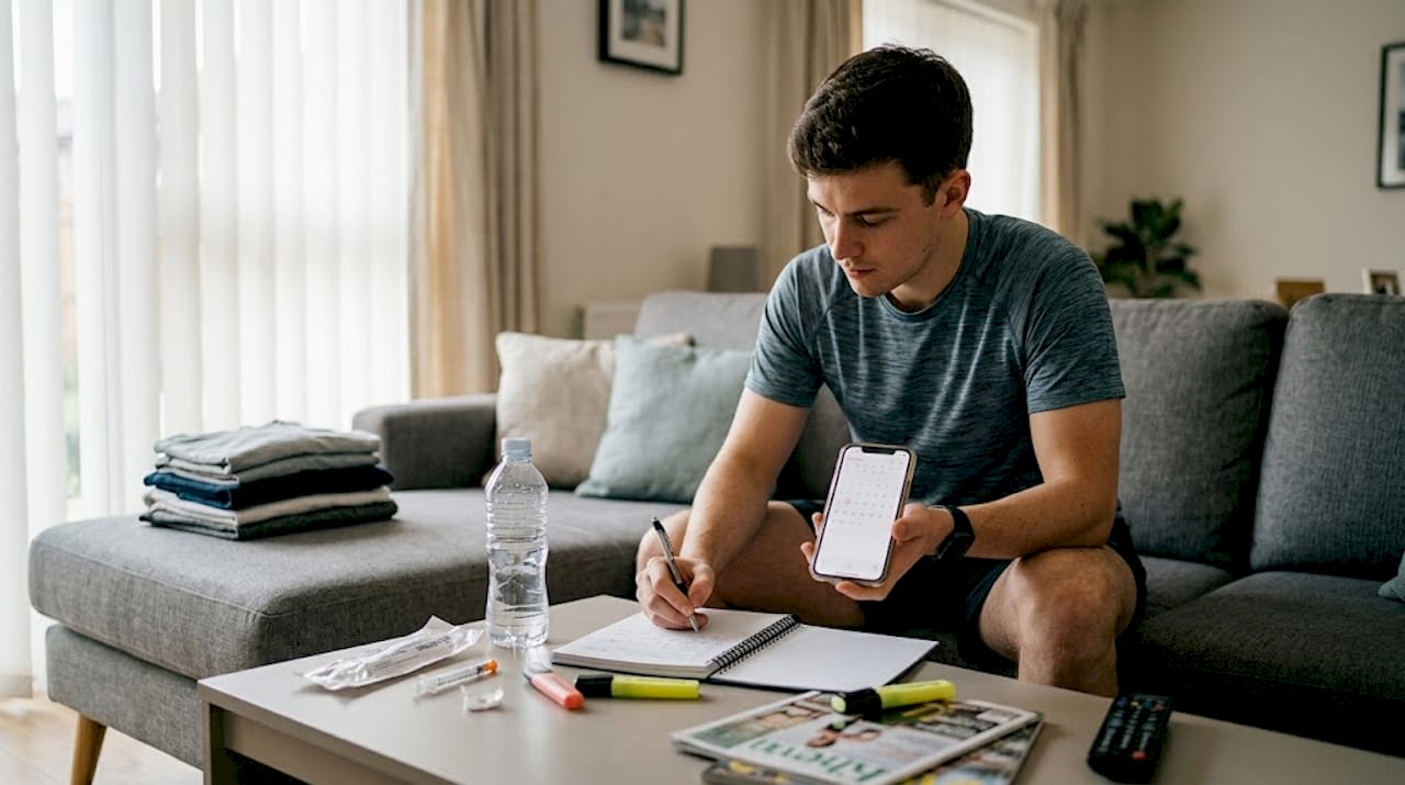 Man logging peptide dosages in fitness journal