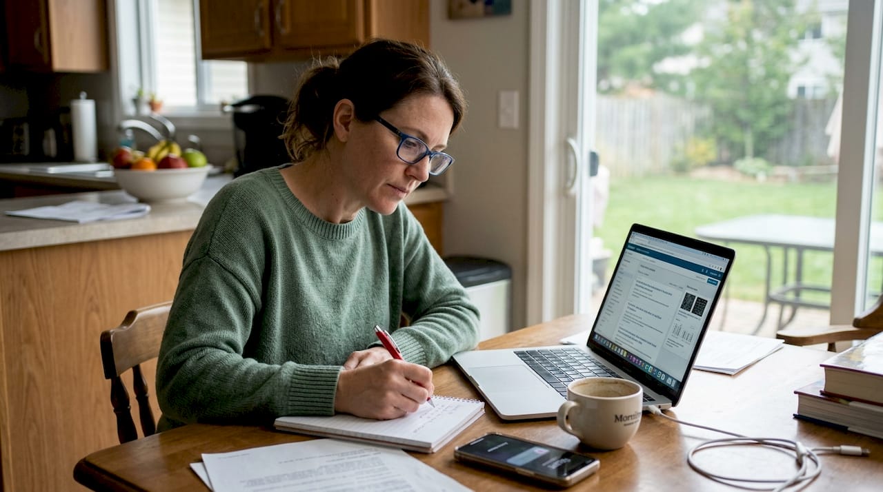 Woman checking medical articles at kitchen table