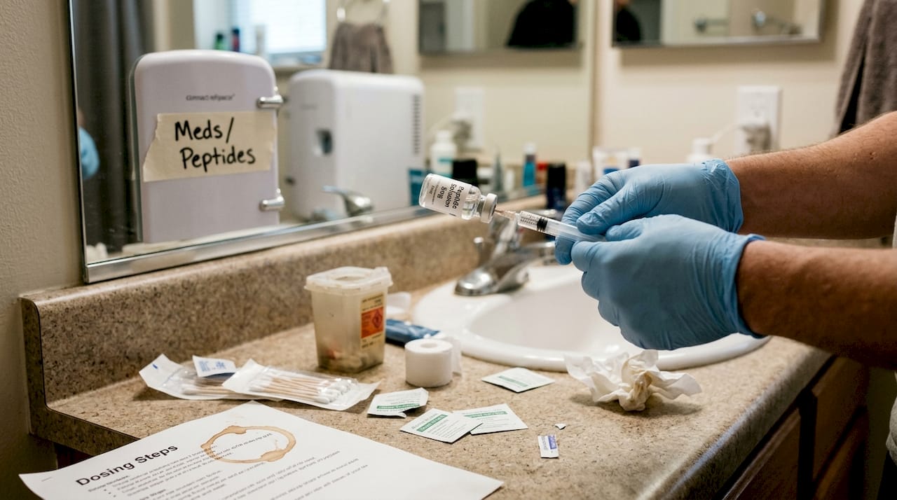 Gloved hands preparing peptide injection at cluttered counter